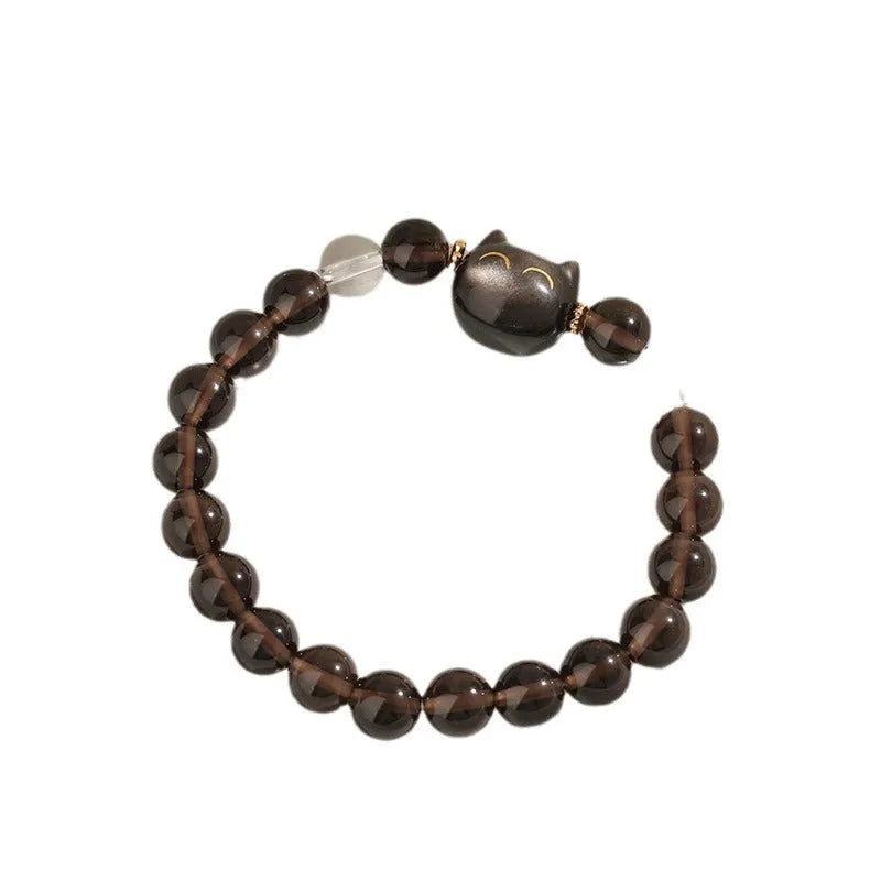 Women's silver bracelet with 8mm natural opal stone and cat head motif design
