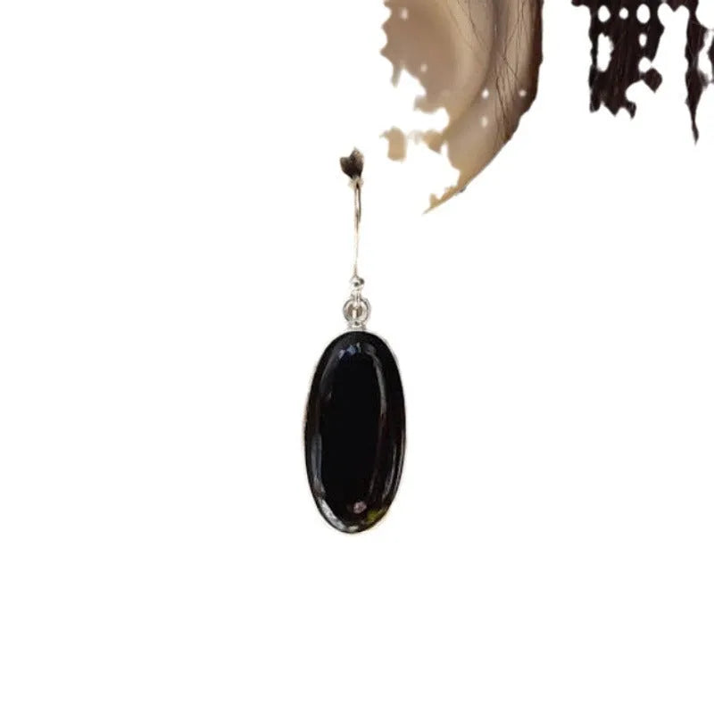 Women's geometric earrings with oval black agate pendants and 925 silver electroplated alloy construction