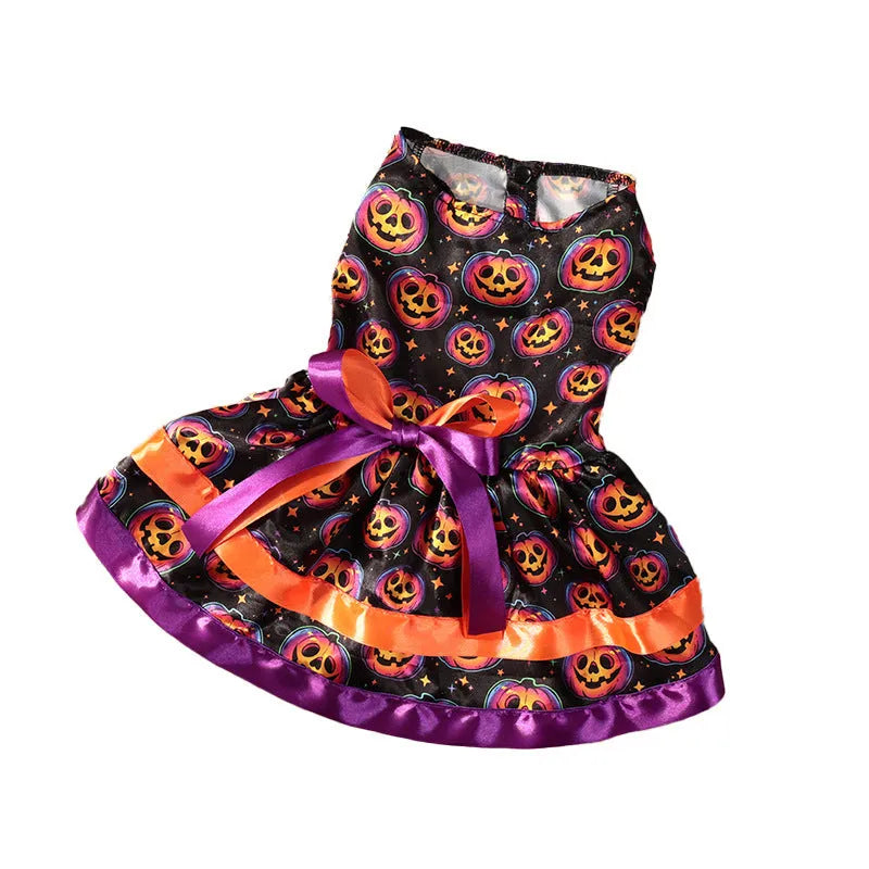 Halloween dog skirt costume in colourful pumpkin print, size medium, on a mannequin.