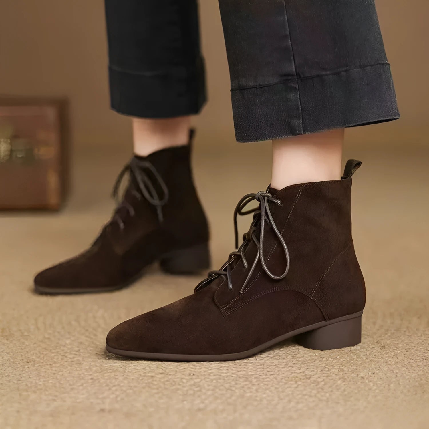 Women's matte pointed low-heel ankle boots in brown with thin fleece lining and block heel