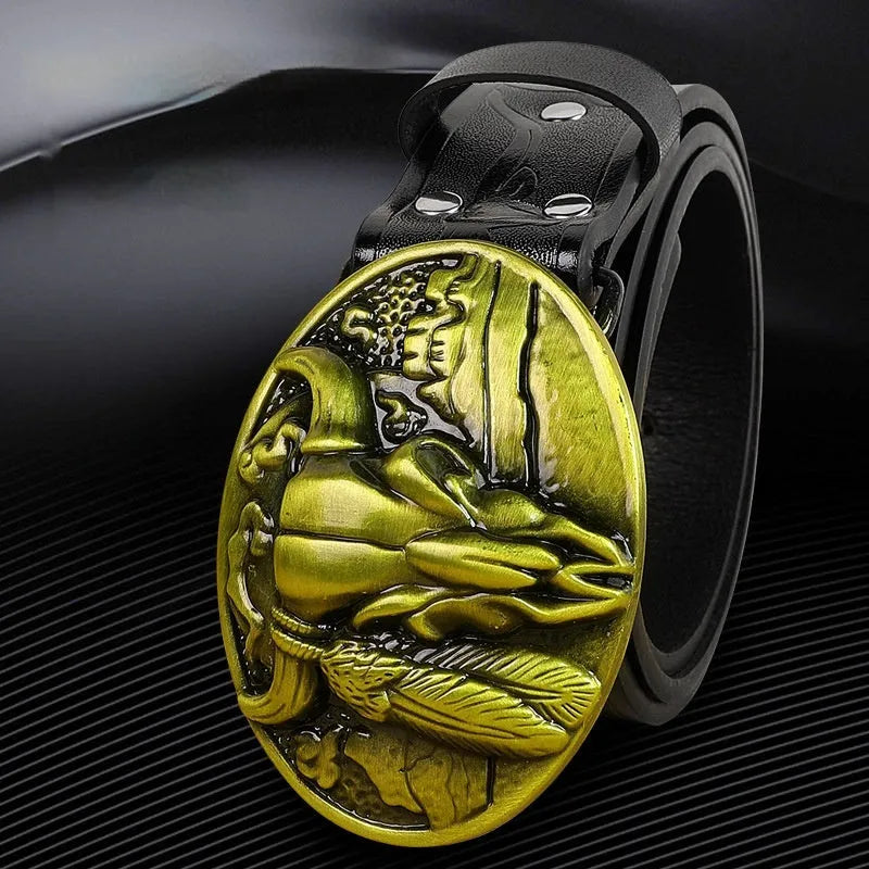 Men's brown leather belt featuring a detailed silver alloy cow head buckle.