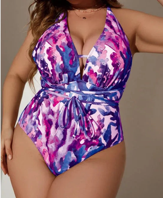 Solid colour halter neck swimsuit bikini for women in purple or blue polyester and spandex fabric