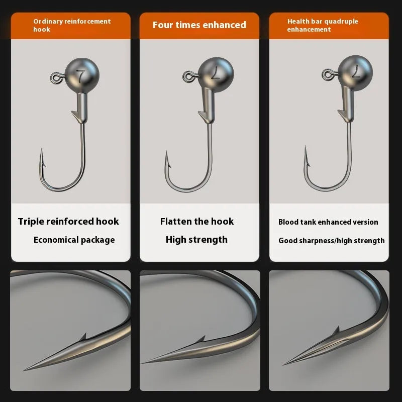 50-piece strengthened steel jig hooks in primary colours with lead-headed hook