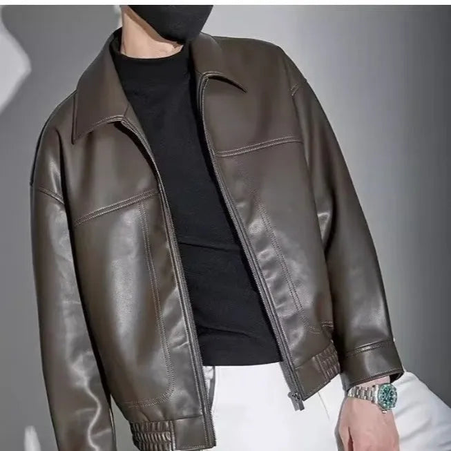 Men's lapel motorcycle jacket cotton blend slim fit black long sleeves size M to 3XL