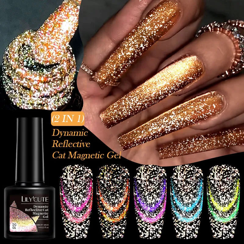 Cat Eye series UV nail polish gel bottle with diamond glitter fragments in six colour options including nail glue