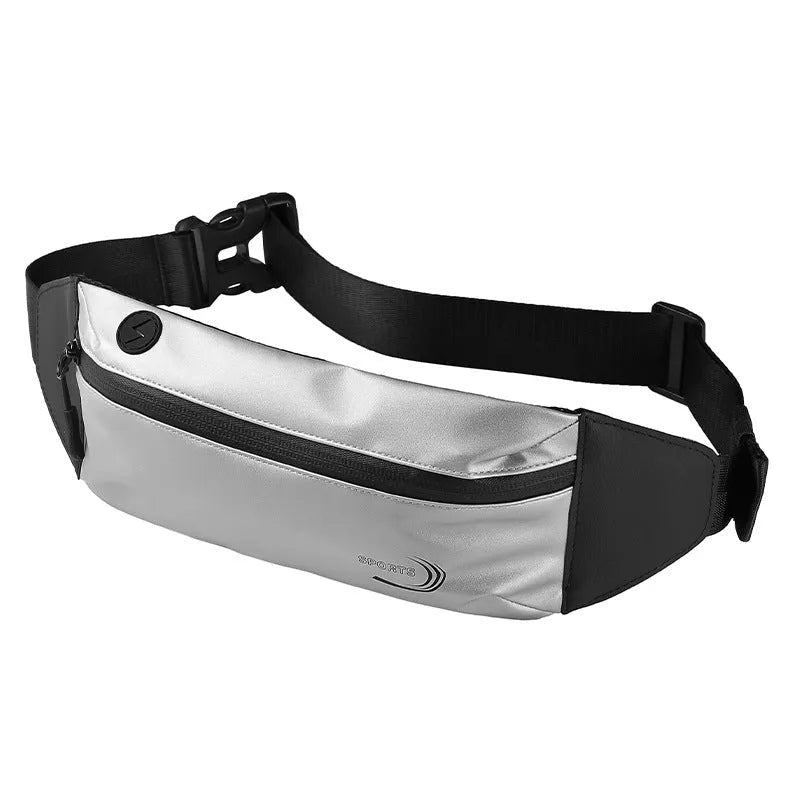 Men's blue waterproof sports waist bag with secure fastening, shown with dimensions