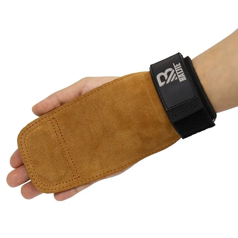 A pair of brown fitness wrist protector bands for grip strength and pull-up support.