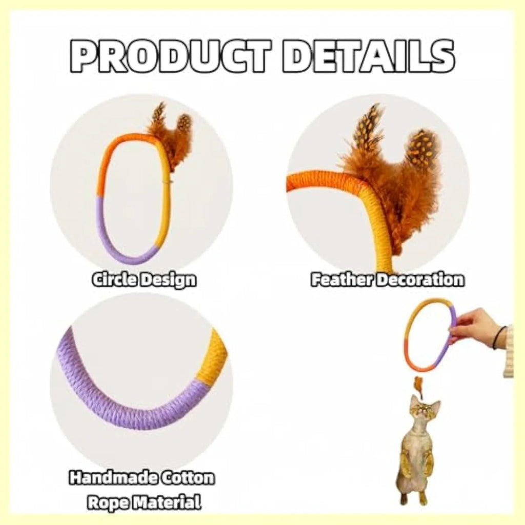 Green circular cotton rope cat toy with feathers and catnip for chewing and interactive play