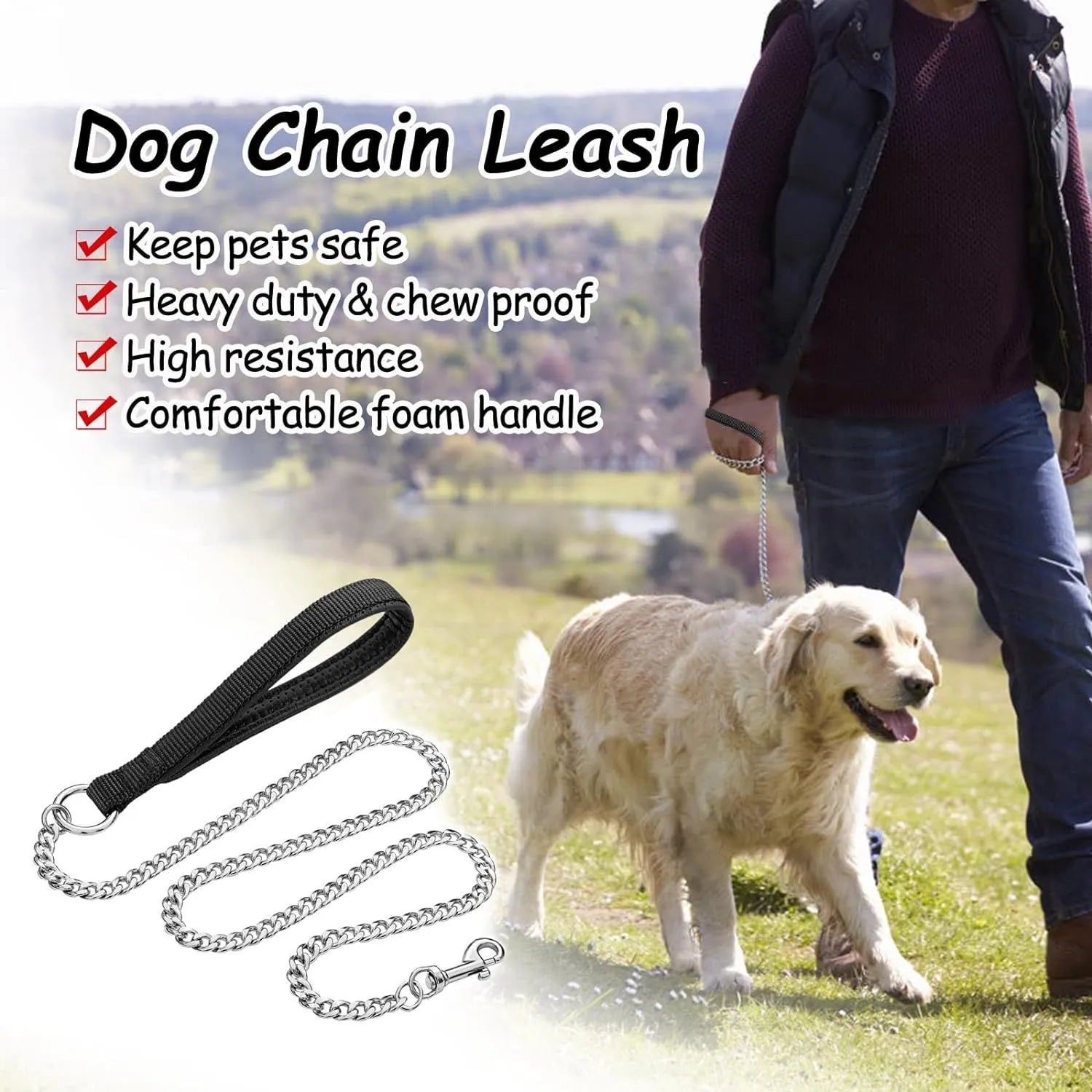 Heavy duty metal dog leash with chew-proof chain and soft black padded handle on a concrete background.