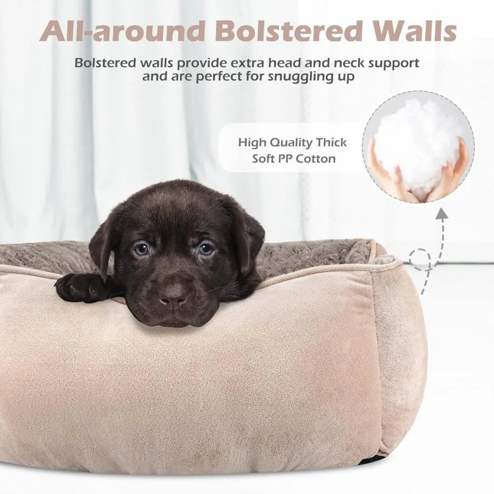 Golden retriever print plush pet kennel bed with raised sides, shown in beige colour.