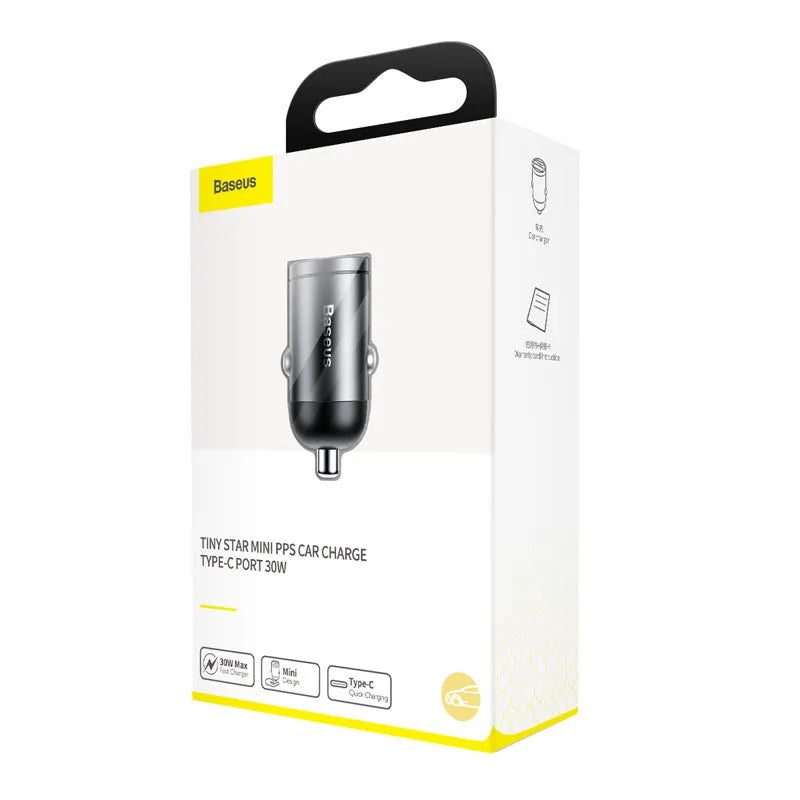 Electro‑optical grey Baseus 30W PPS fast car charger with 1‑metre USB cable.