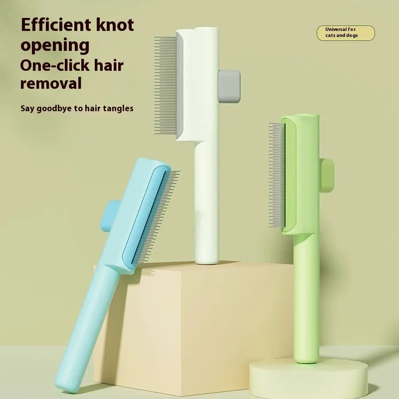 Pet comb with one-click hair removal and knot opening, ABS material, 19x7cm size, dense gear style in white.