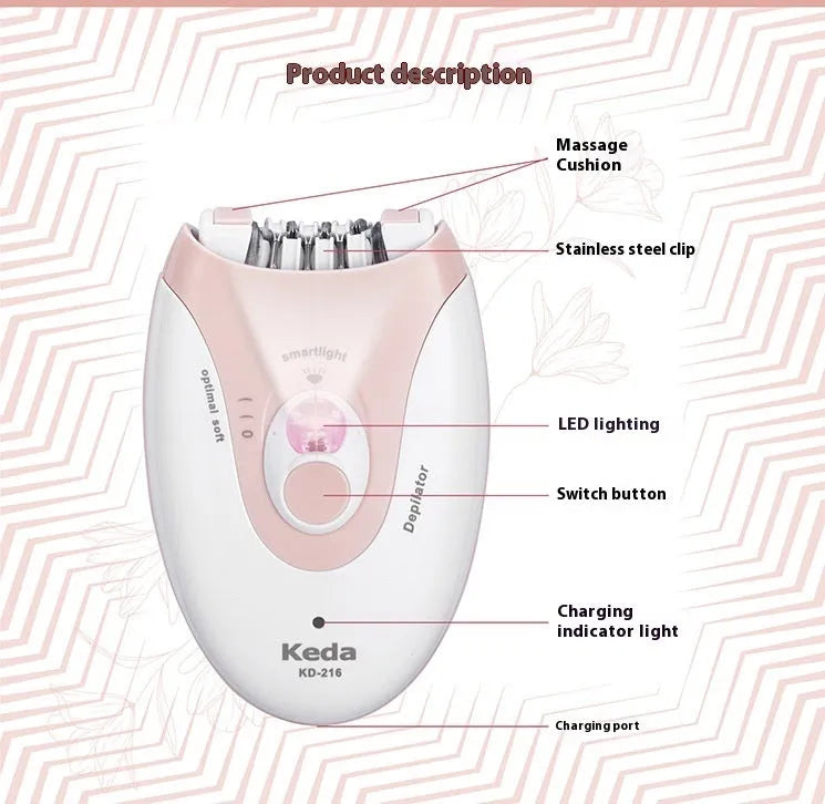 Portable USB electric hair removal device in KEDA-216 colour with charger and cleaning brush