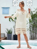 Apricot coloured hand-crocheted beach dress with polyester lining for women's swimming and beach wear