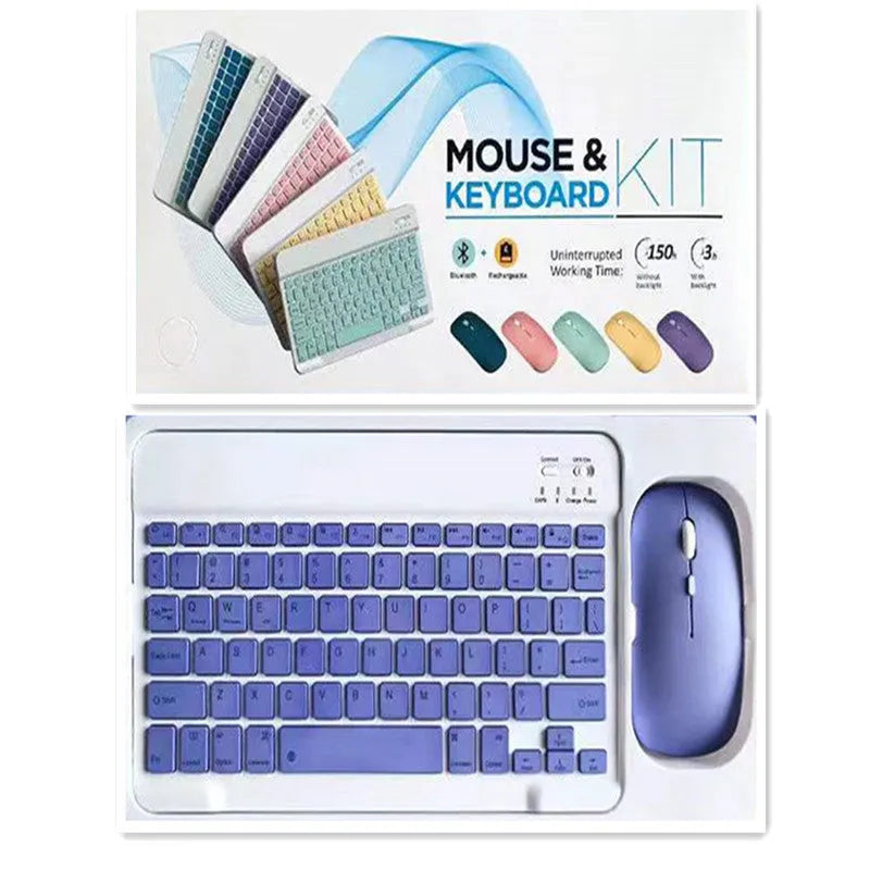 10-inch compact Bluetooth keyboard and wireless mouse in a solid colour on a desk.