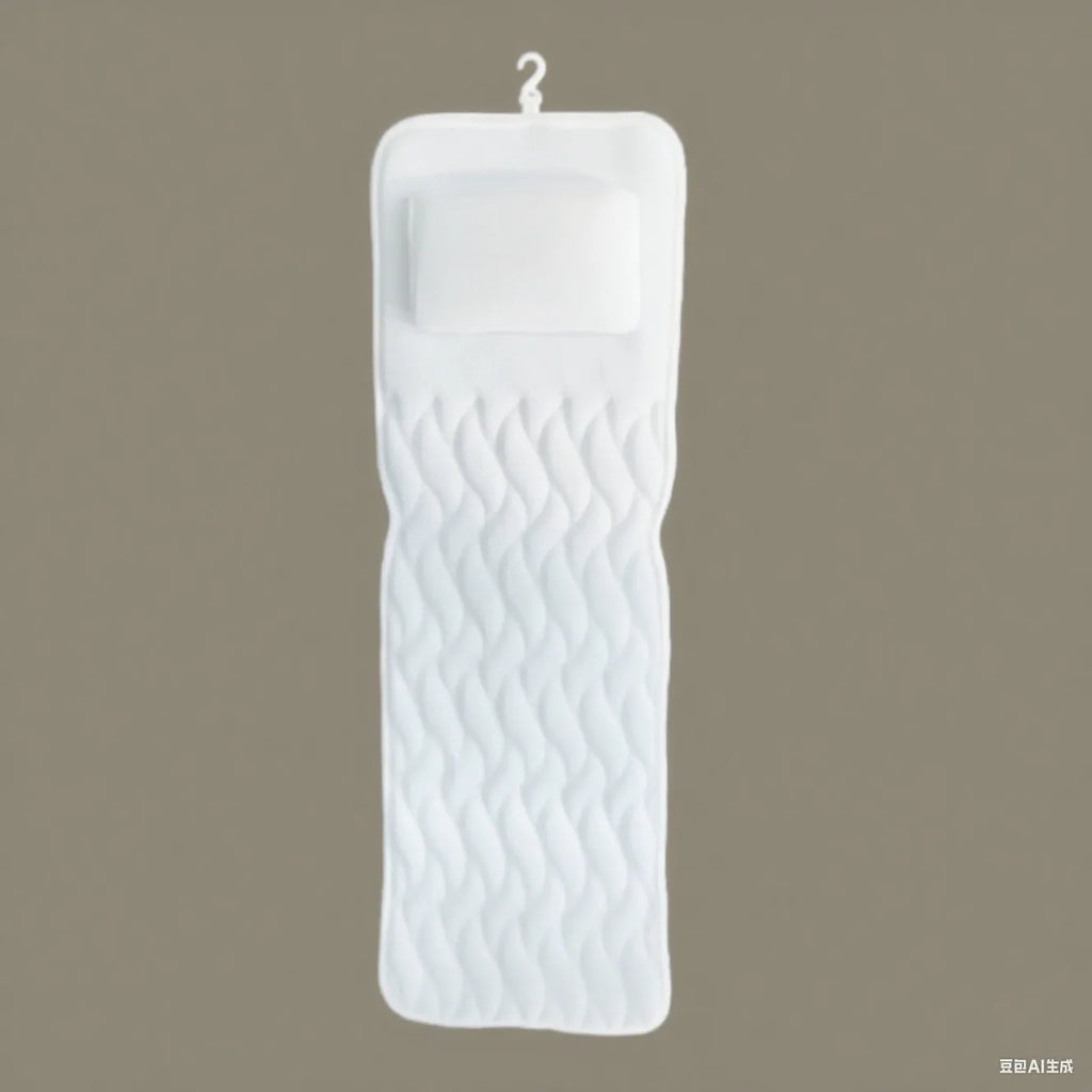 White 4D mesh bathtub pillow with 7 suction cups on a smooth bath surface.