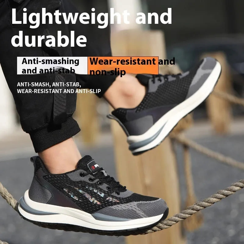 Men's black grey insulated safety shoes with plastic toe cap and lace-up front