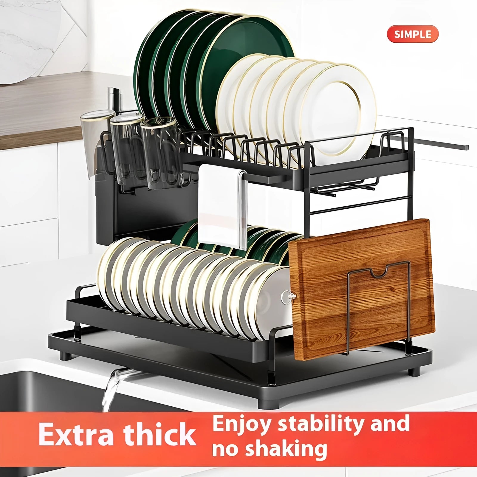 White double-layer kitchen draining rack with a removable top shelf for dish drying.