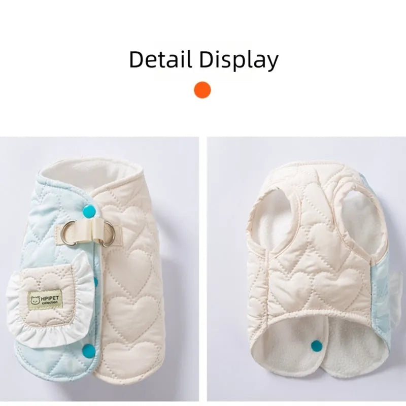 Blue thick warm heart-shaped checkered pocket pet vest dog coat with D-ring and side-buckle closure