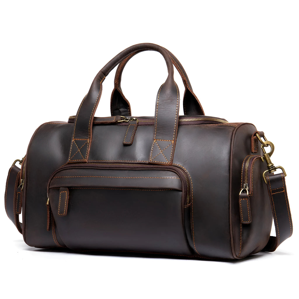 Handmade retro leather holdall 41x19.5x24cm in coffee with soft shoulder strap and multiple zip pockets