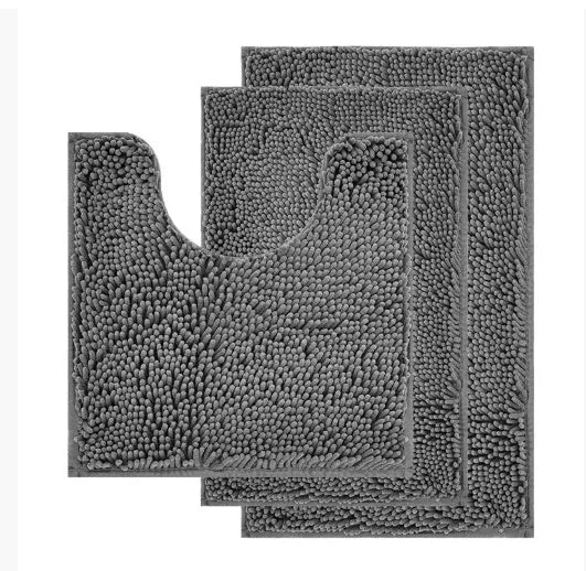 Long hair chenille three-piece bathroom carpet set showing U-shaped toilet mat and two rectangular mats in modern style.
