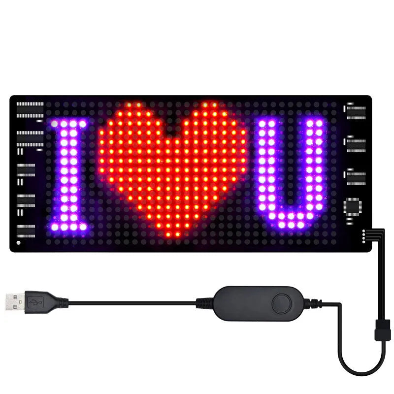 Programmable full-colour LED display sign showing animated text on a flexible circuit board.