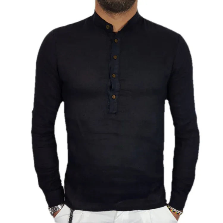 Men's loose fit casual long sleeve shirt in black and beige, hemp cotton blend, sizes S-4XL