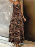 Dark brown leopard print sleeveless dress with round neck and loose-fitting long skirt.