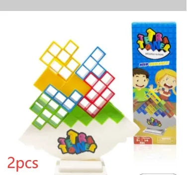 Balance stacking board game with 16 colourful plastic blocks on chassis