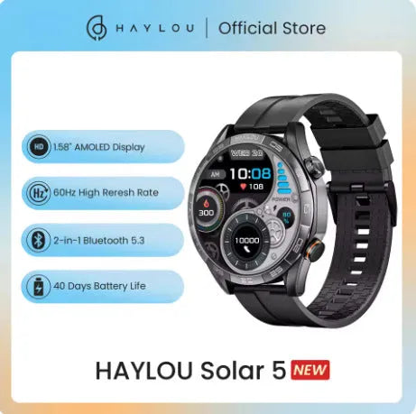 HAYLOU Solar 5 LS20 smart Bluetooth watch with AMOLED touchscreen, available in black or silver single or double strap