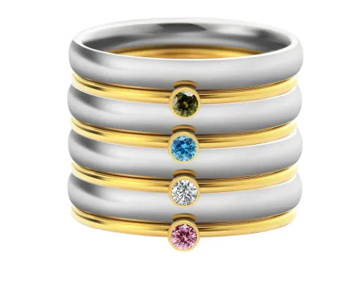 December colour birthstone ring with geometric engraving on a gold electroplated titanium steel band.
