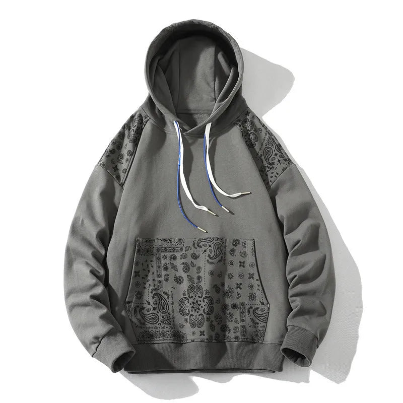 Japanese loose hooded men's top in grey – 100% cotton long sleeve plain hoodie with side slit pocket