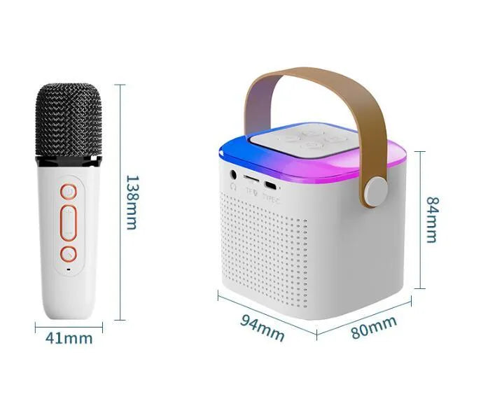 Bluetooth karaoke machine speaker with two wireless microphones and RGB light in pink, white, and blue models
