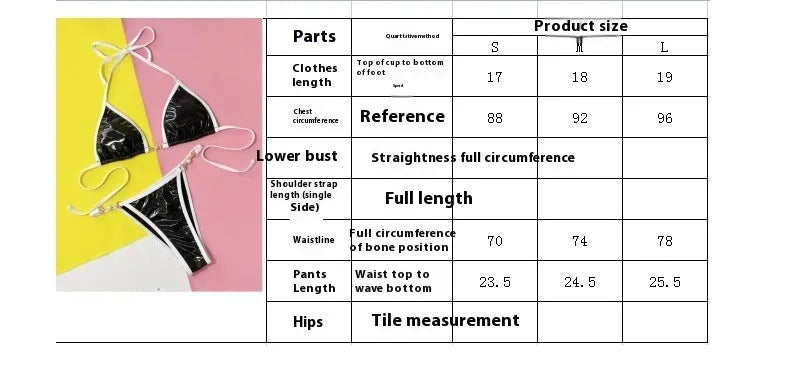 Black women's bikini swimsuit set with triangle top and split briefs on a white background.