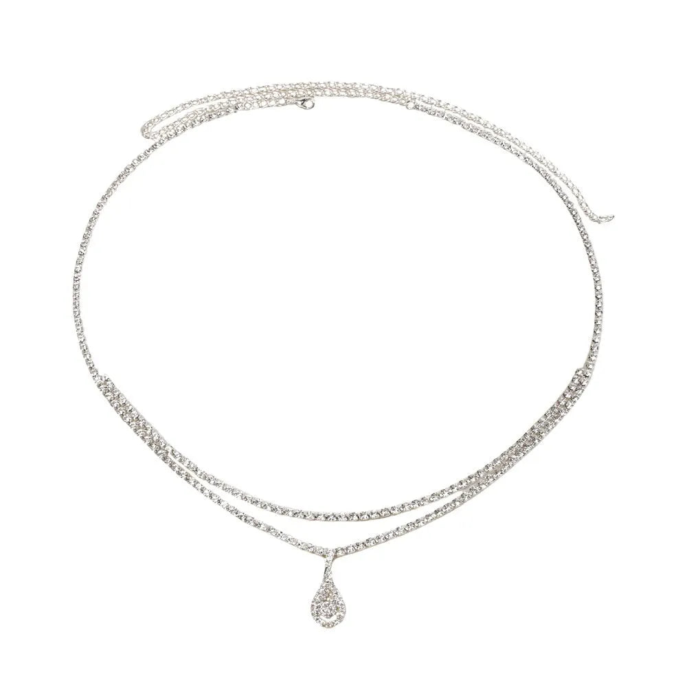 Gold rhinestone waist chain with water drop pendant and tassel detailing on adjustable 115 cm chain