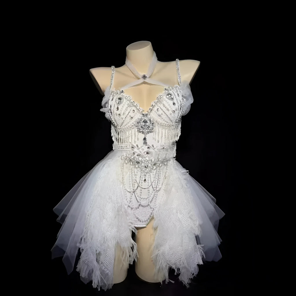 White Princess full diamond pearl tassel high waist bikini set with floor-length skirt in spandex