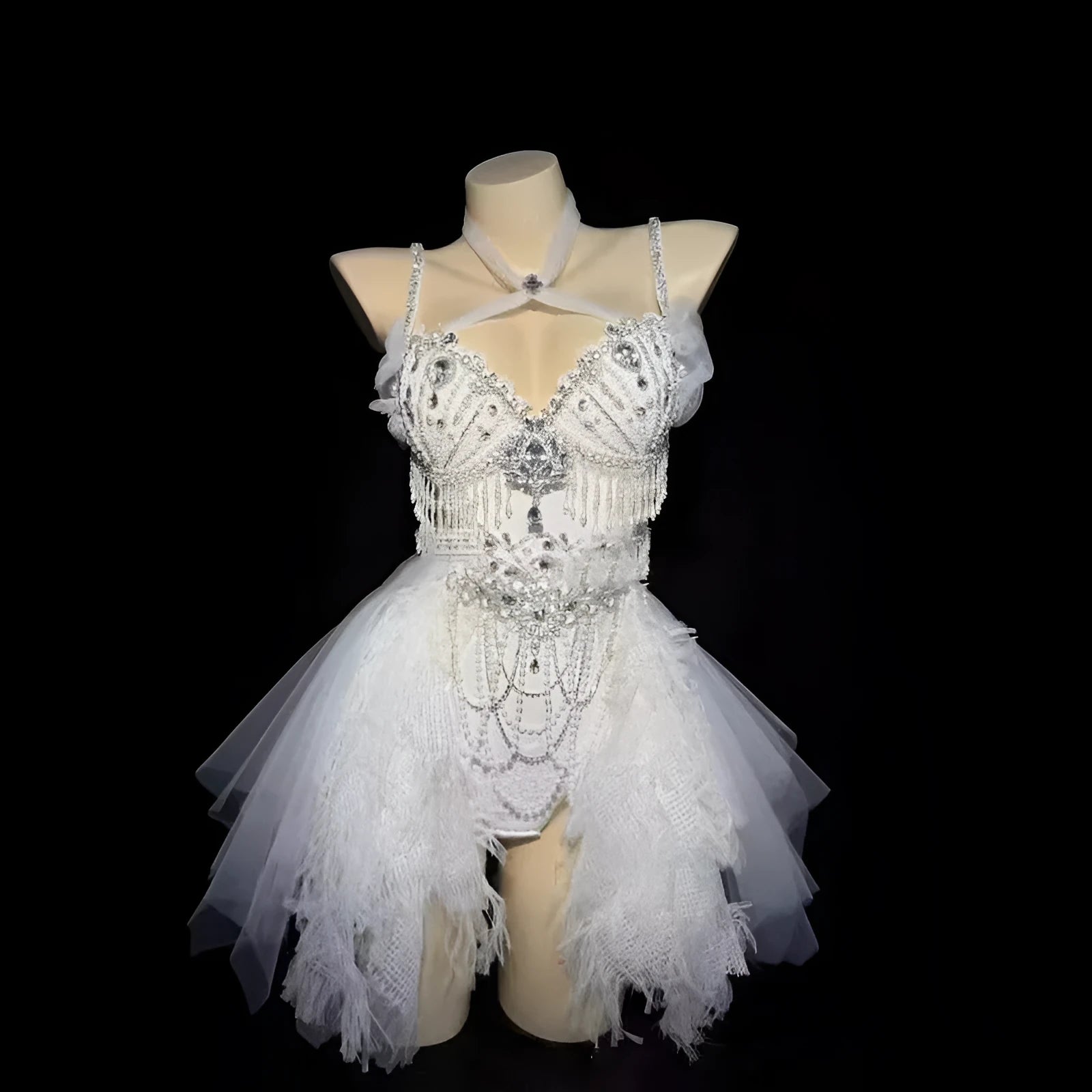 White Princess full diamond pearl tassel high waist bikini set with floor-length skirt in spandex