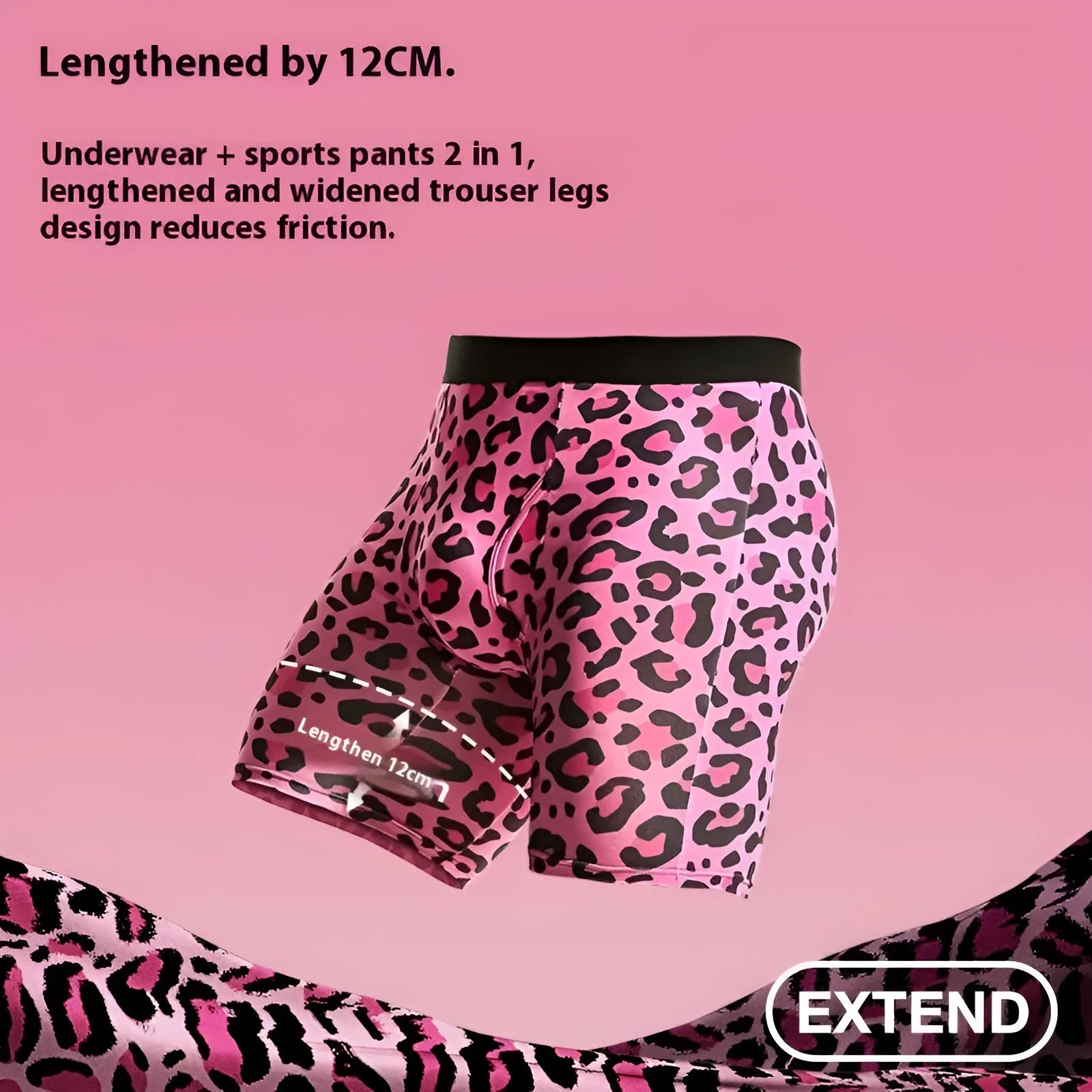 Men's wild leopard print underwear in pink, black and green tie-dye, and doughnut colours on a white background.