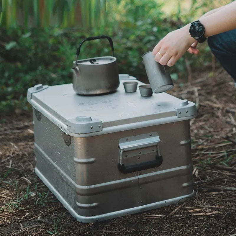 Field Green aluminium alloy outdoor storage box with dimensions 58x38x28cm for camping equipment