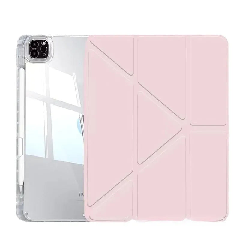 Clear acrylic iPad case with magnetic stand shown in light purple colour on a tablet.