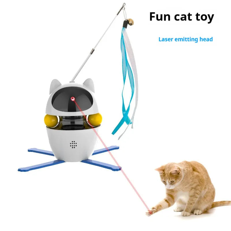White electronic interactive cat toy with elastic rope attachment on flat surface