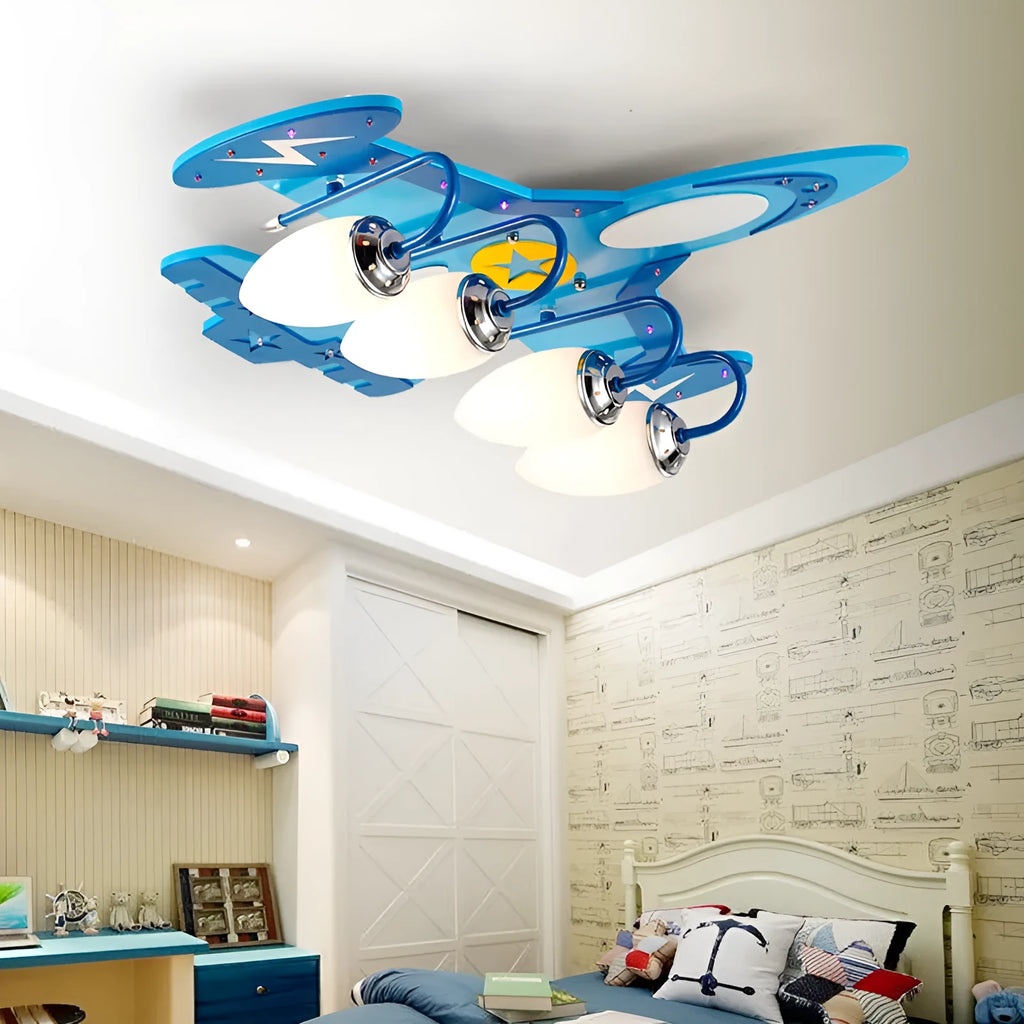 Wood art ceiling lamp with airplane cartoon design and rectangular glass shade for children's rooms