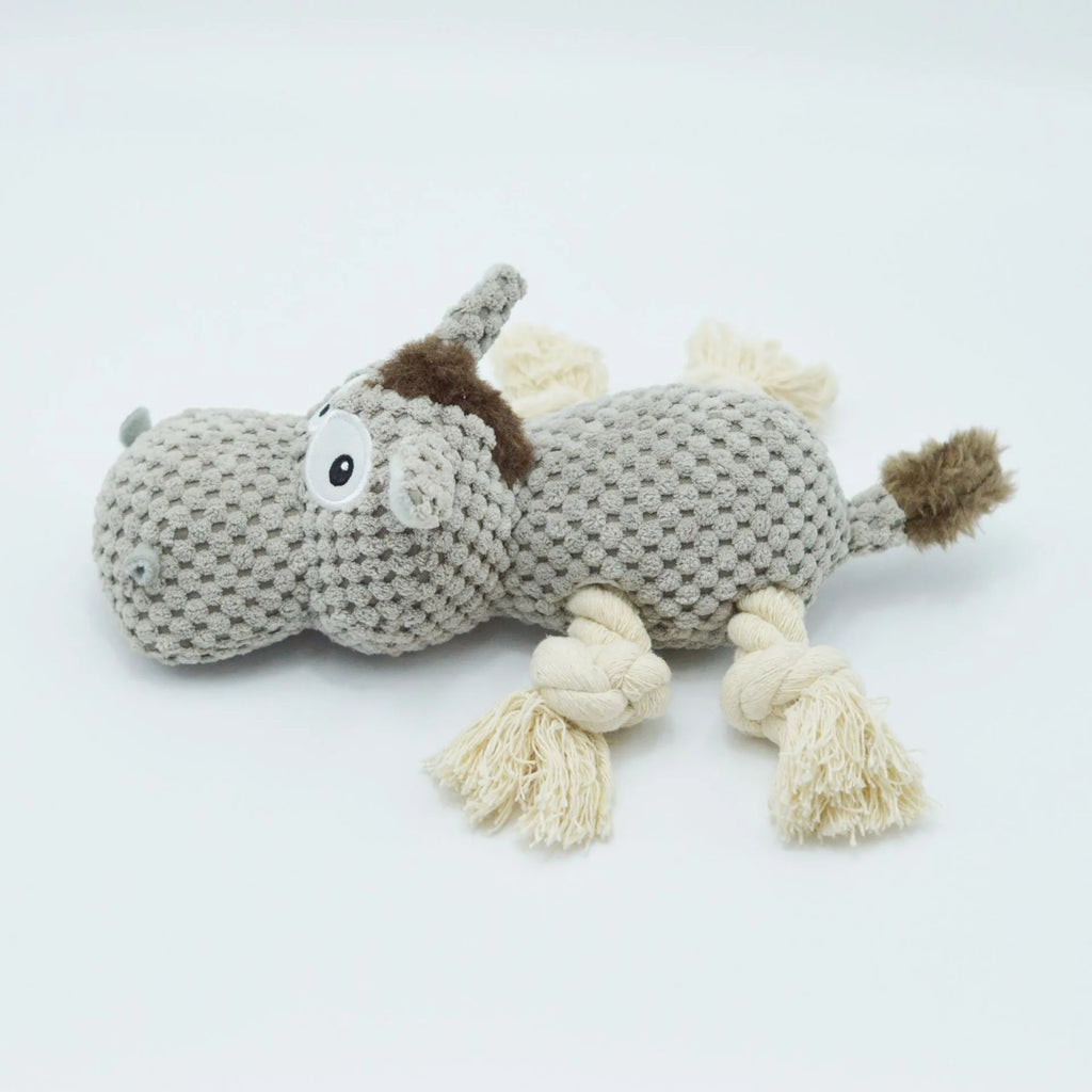 Grey cloth velvet donkey plush dog toy with creaking sound mechanism measuring 27x20x9.5cm