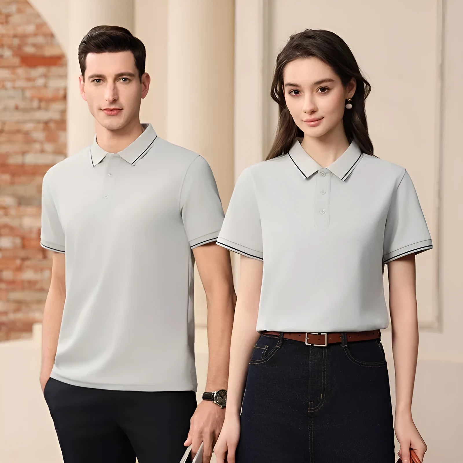 Slim fit antibacterial polo shirt with lapel collar in light purple colour showing short sleeves