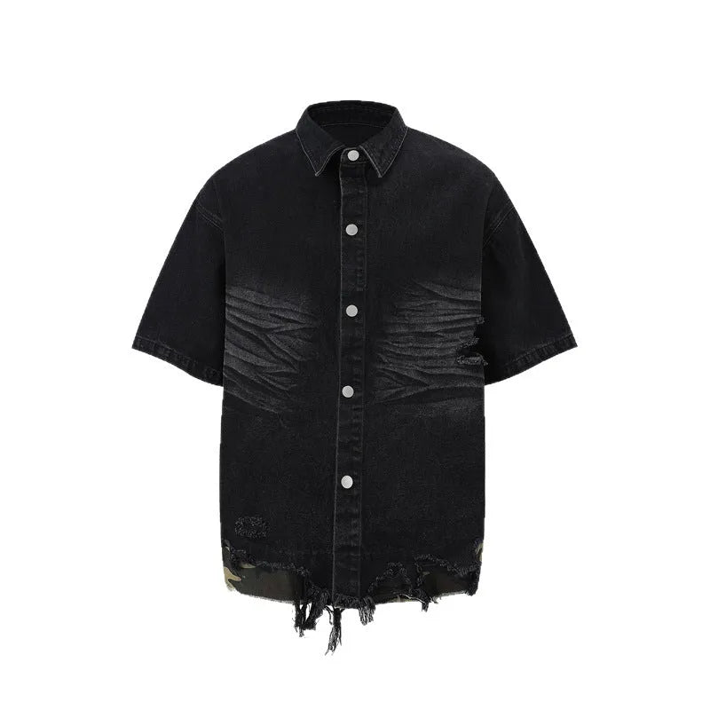 Black denim short sleeve suit with cut-edge stitching and leopard print, including top and shorts.