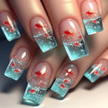 24-piece removable mid-square fake nail set with small goldfish pattern in Blue Glaze Jelly Glue style