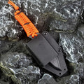 BG197 outdoor camping knife with a straight blade, rope handle, and black ABS plastic sheath.