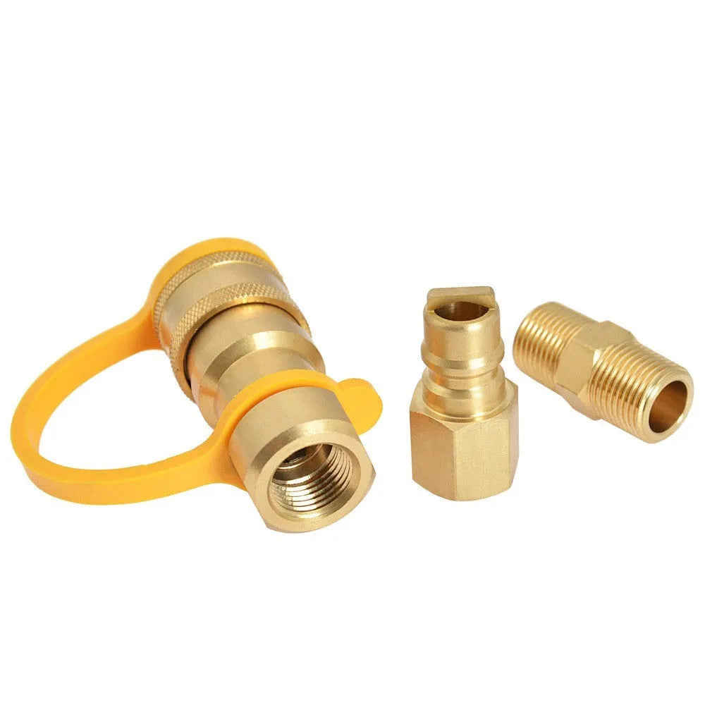Gold-coloured brass SL-HW-3/8JT type B gas propane connector with 3/8 American standard thread.