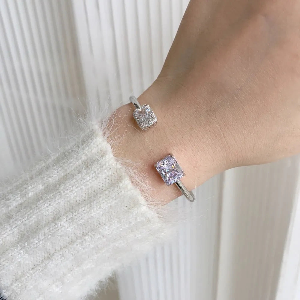925 sterling silver opening bracelet for women with quadrilateral element, 16cm or 18cm, silver finish