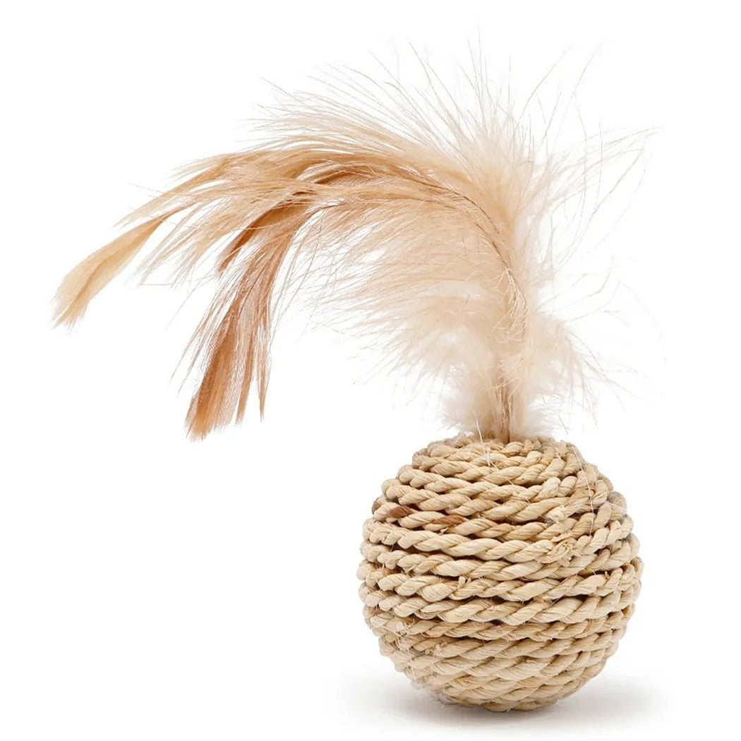 Two cat toys: a rattan ball and a faux feather ball with bell for interactive feline play